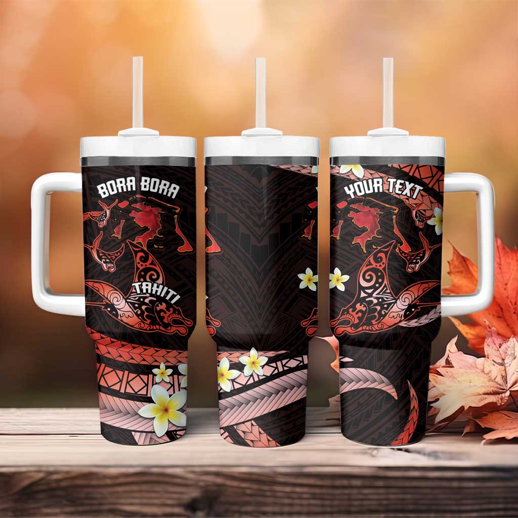 Personalised Tahiti Bora Bora Tumbler With Handle Manta Rays With Polynesian Plumeria - Wonder Print Shop