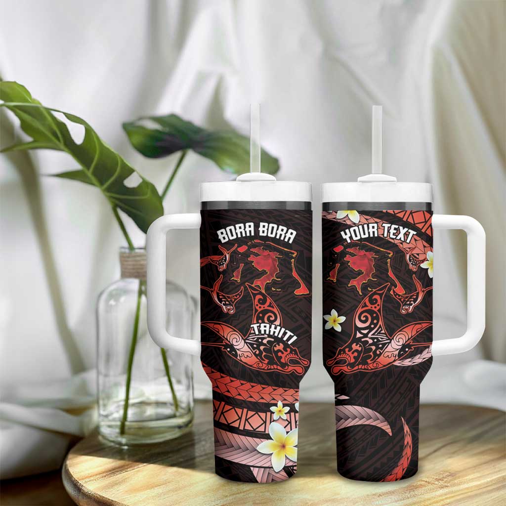 Personalised Tahiti Bora Bora Tumbler With Handle Manta Rays With Polynesian Plumeria - Wonder Print Shop