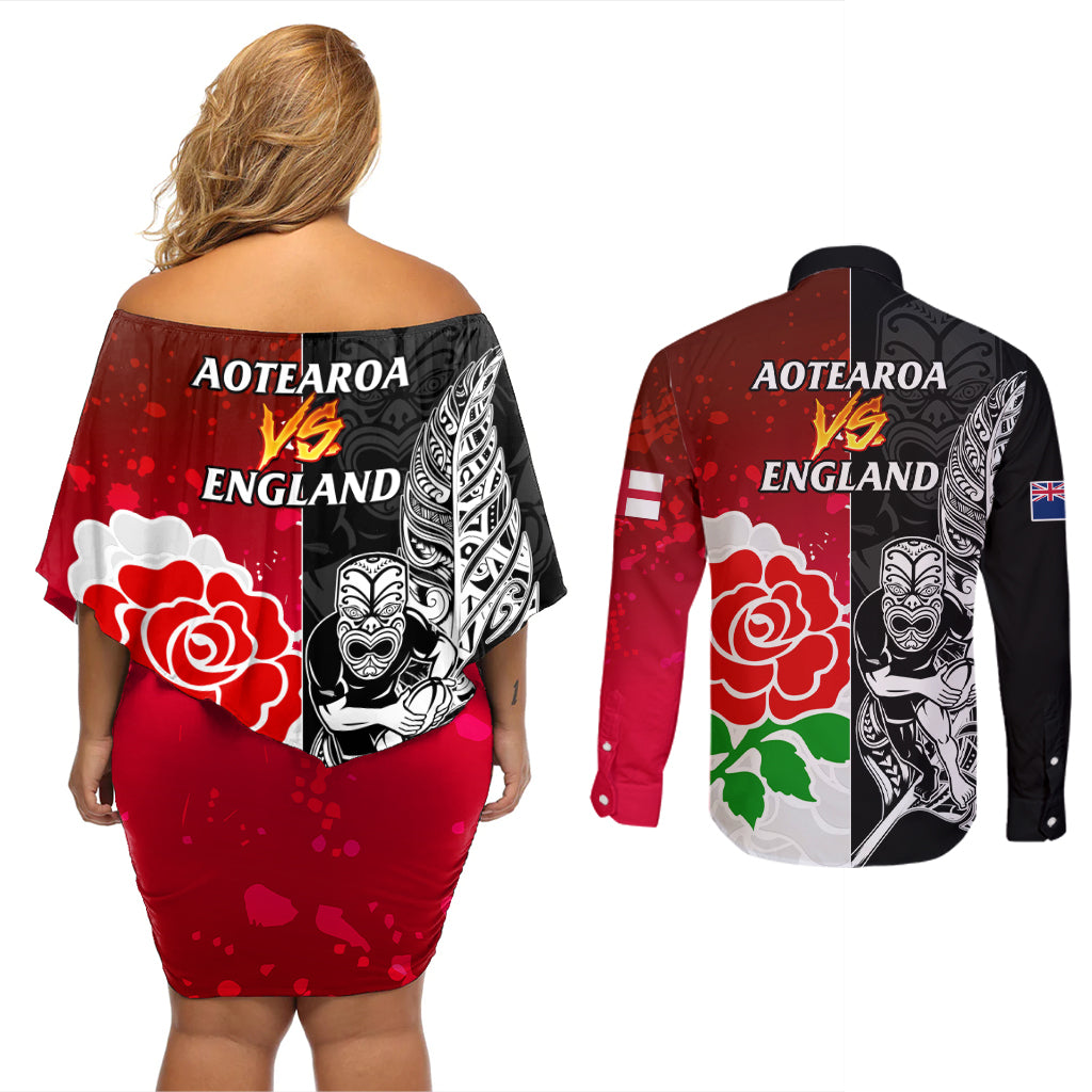 New Zealand And England Rugby Couples Matching Off Shoulder Short Dress and Long Sleeve Button Shirt 2023 World Cup All Black Combine Red Roses - Wonder Print Shop