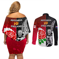 New Zealand And England Rugby Couples Matching Off Shoulder Short Dress and Long Sleeve Button Shirt 2023 World Cup All Black Combine Red Roses - Wonder Print Shop