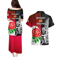 New Zealand And England Rugby Couples Matching Puletasi Dress and Hawaiian Shirt 2023 World Cup All Black Combine Red Roses - Wonder Print Shop