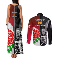 New Zealand And England Rugby Couples Matching Tank Maxi Dress and Long Sleeve Button Shirt 2023 World Cup All Black Combine Red Roses - Wonder Print Shop