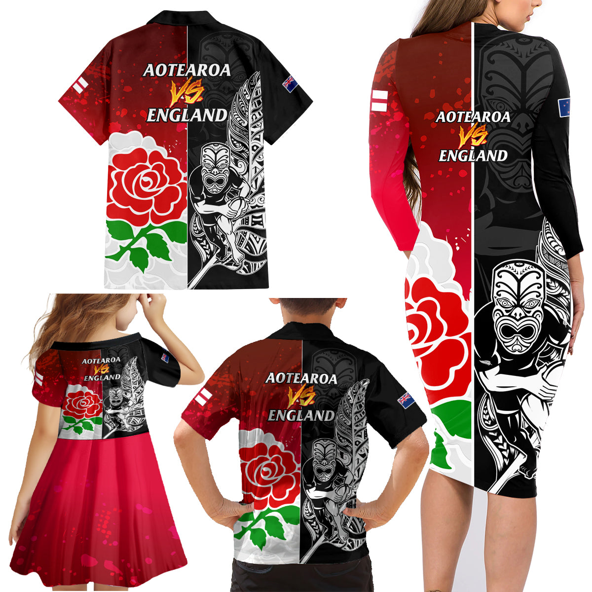 New Zealand And England Rugby Family Matching Long Sleeve Bodycon Dress and Hawaiian Shirt 2023 World Cup All Black Combine Red Roses - Wonder Print Shop