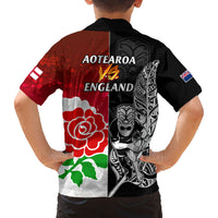 New Zealand And England Rugby Family Matching Off Shoulder Long Sleeve Dress and Hawaiian Shirt 2023 World Cup All Black Combine Red Roses - Wonder Print Shop