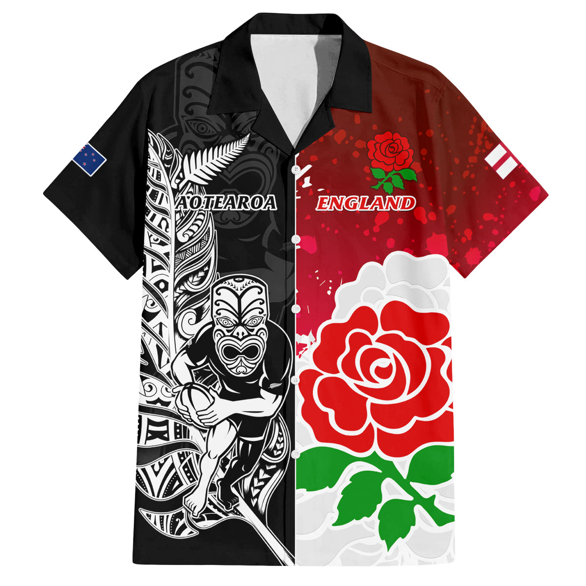 New Zealand And England Rugby Family Matching Summer Maxi Dress and Hawaiian Shirt 2023 World Cup All Black Combine Red Roses - Wonder Print Shop