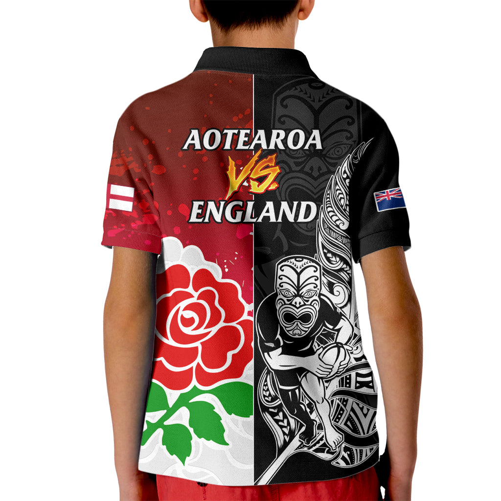 New Zealand And England Rugby Kid Polo Shirt 2023 World Cup All Black Combine Red Roses - Wonder Print Shop