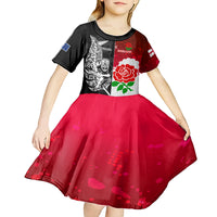 New Zealand And England Rugby Kid Short Sleeve Dress 2023 World Cup All Black Combine Red Roses - Wonder Print Shop