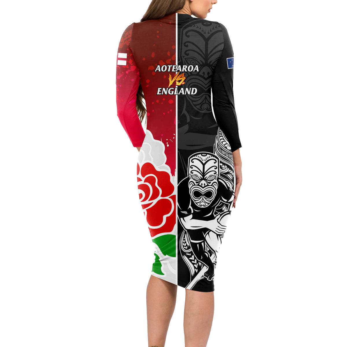 New Zealand And England Rugby Long Sleeve Bodycon Dress 2023 World Cup All Black Combine Red Roses - Wonder Print Shop