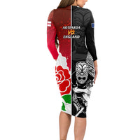 New Zealand And England Rugby Long Sleeve Bodycon Dress 2023 World Cup All Black Combine Red Roses - Wonder Print Shop