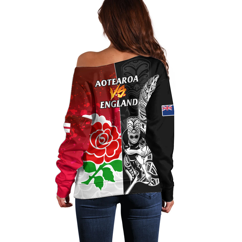 New Zealand And England Rugby Off Shoulder Sweater 2023 World Cup All Black Combine Red Roses - Wonder Print Shop