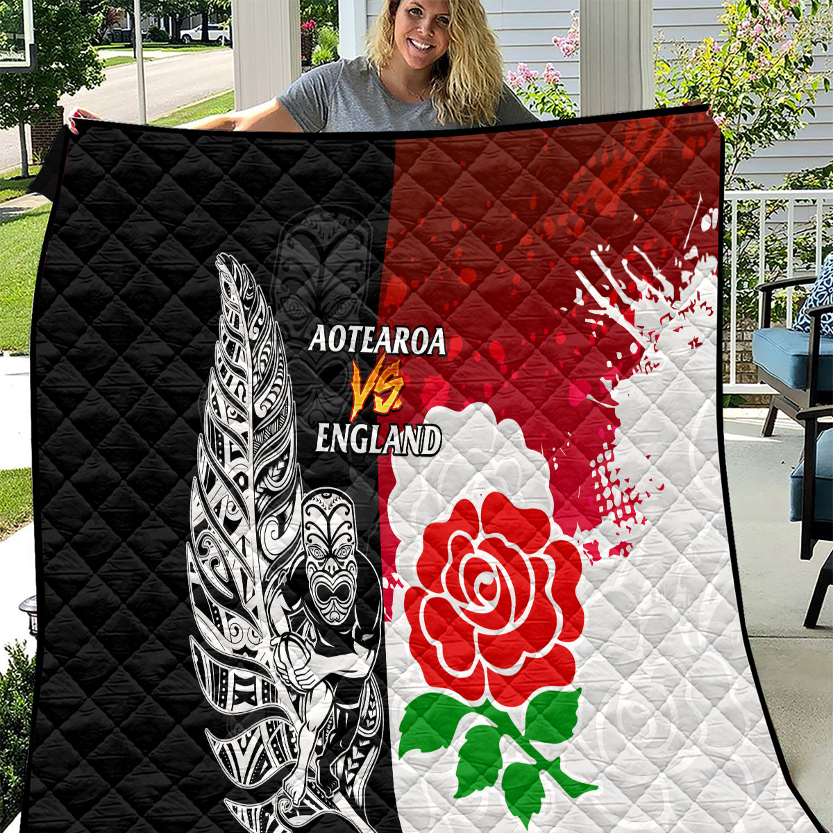 New Zealand And England Rugby Quilt 2023 World Cup All Black Combine Red Roses - Wonder Print Shop