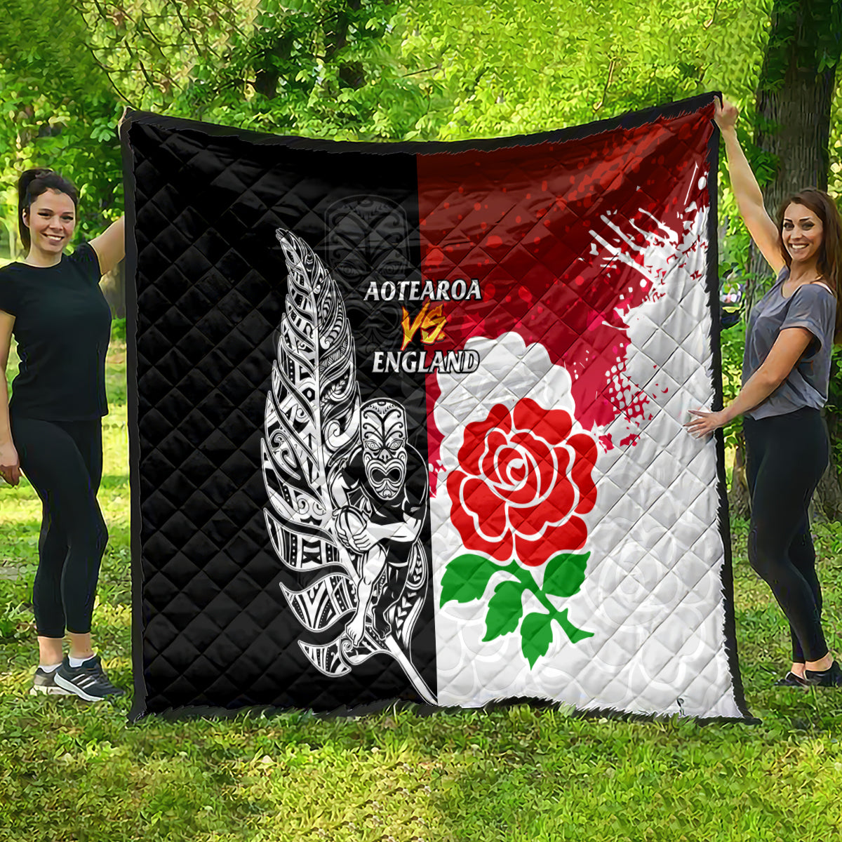New Zealand And England Rugby Quilt 2023 World Cup All Black Combine Red Roses - Wonder Print Shop