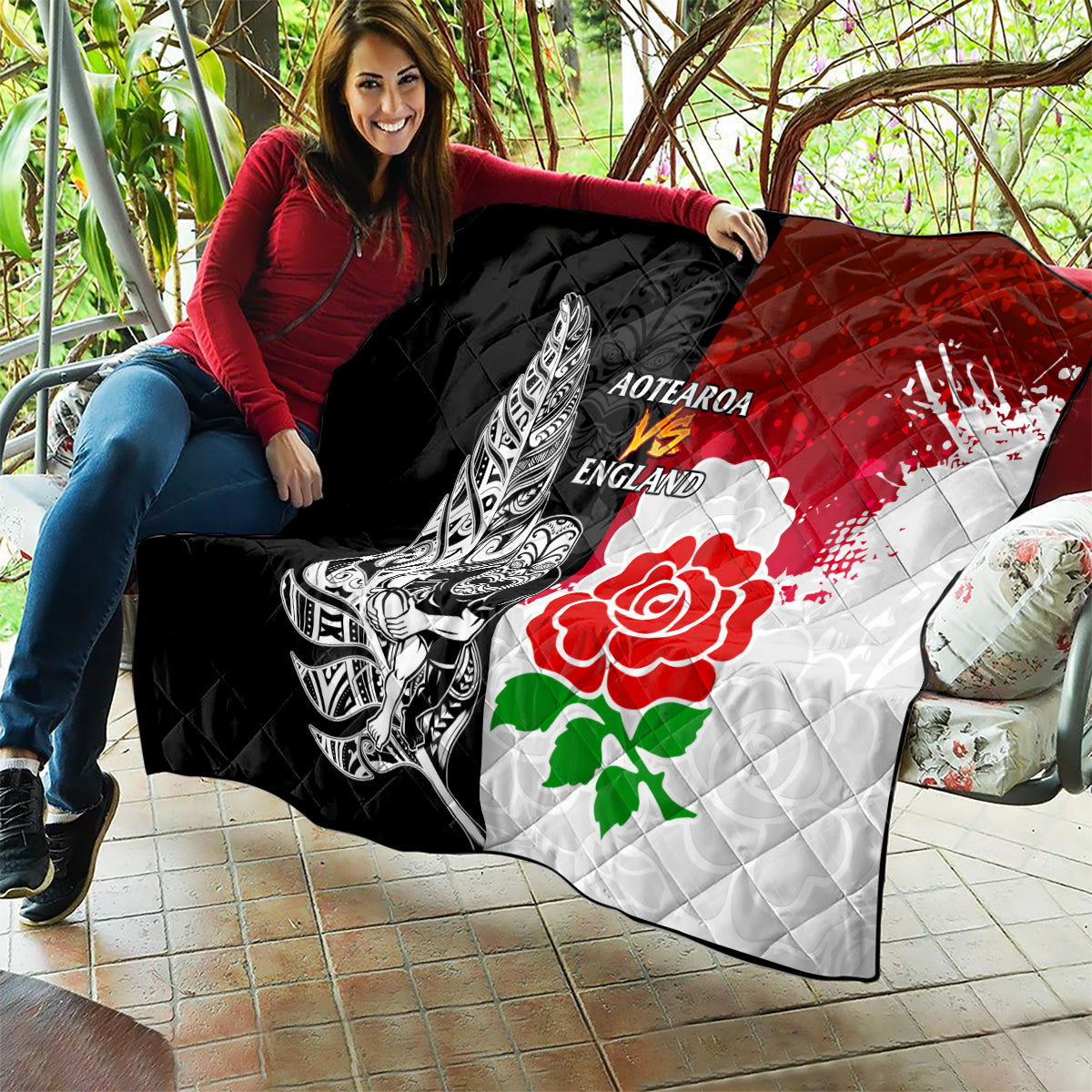 New Zealand And England Rugby Quilt 2023 World Cup All Black Combine Red Roses - Wonder Print Shop
