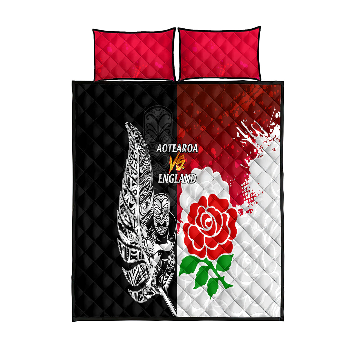 New Zealand And England Rugby Quilt Bed Set 2023 World Cup All Black Combine Red Roses - Wonder Print Shop