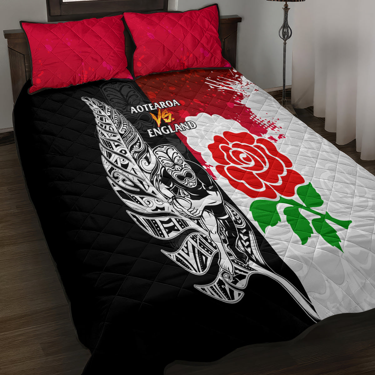 New Zealand And England Rugby Quilt Bed Set 2023 World Cup All Black Combine Red Roses - Wonder Print Shop
