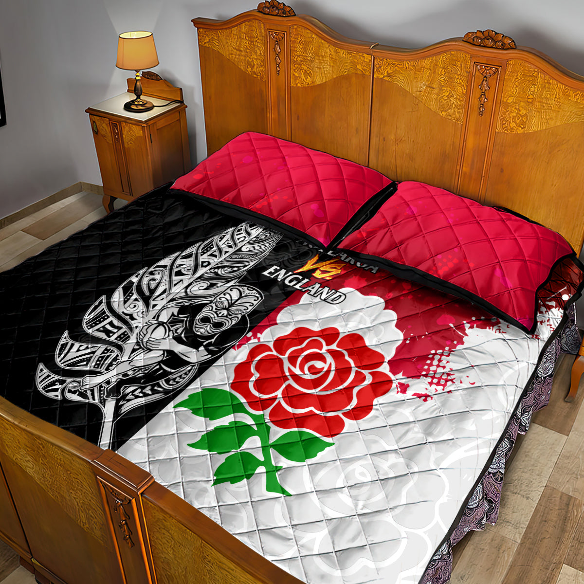 New Zealand And England Rugby Quilt Bed Set 2023 World Cup All Black Combine Red Roses - Wonder Print Shop