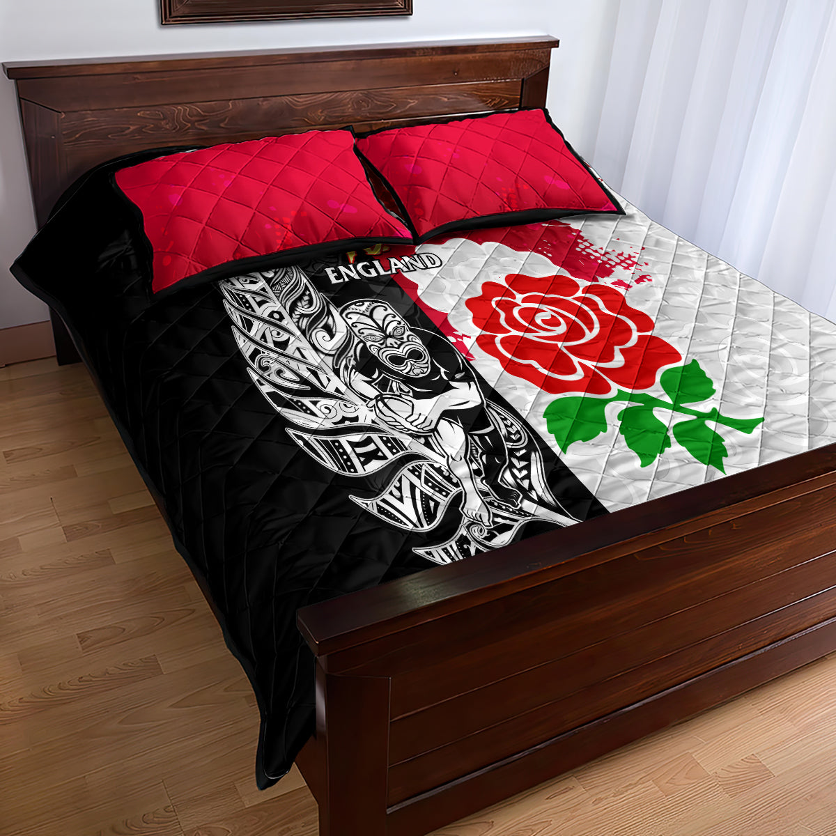New Zealand And England Rugby Quilt Bed Set 2023 World Cup All Black Combine Red Roses - Wonder Print Shop