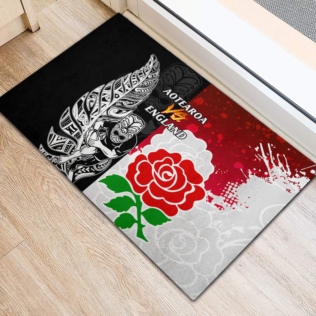 New Zealand And England Rugby Rubber Doormat 2023 World Cup All Black Combine Red Roses - Wonder Print Shop