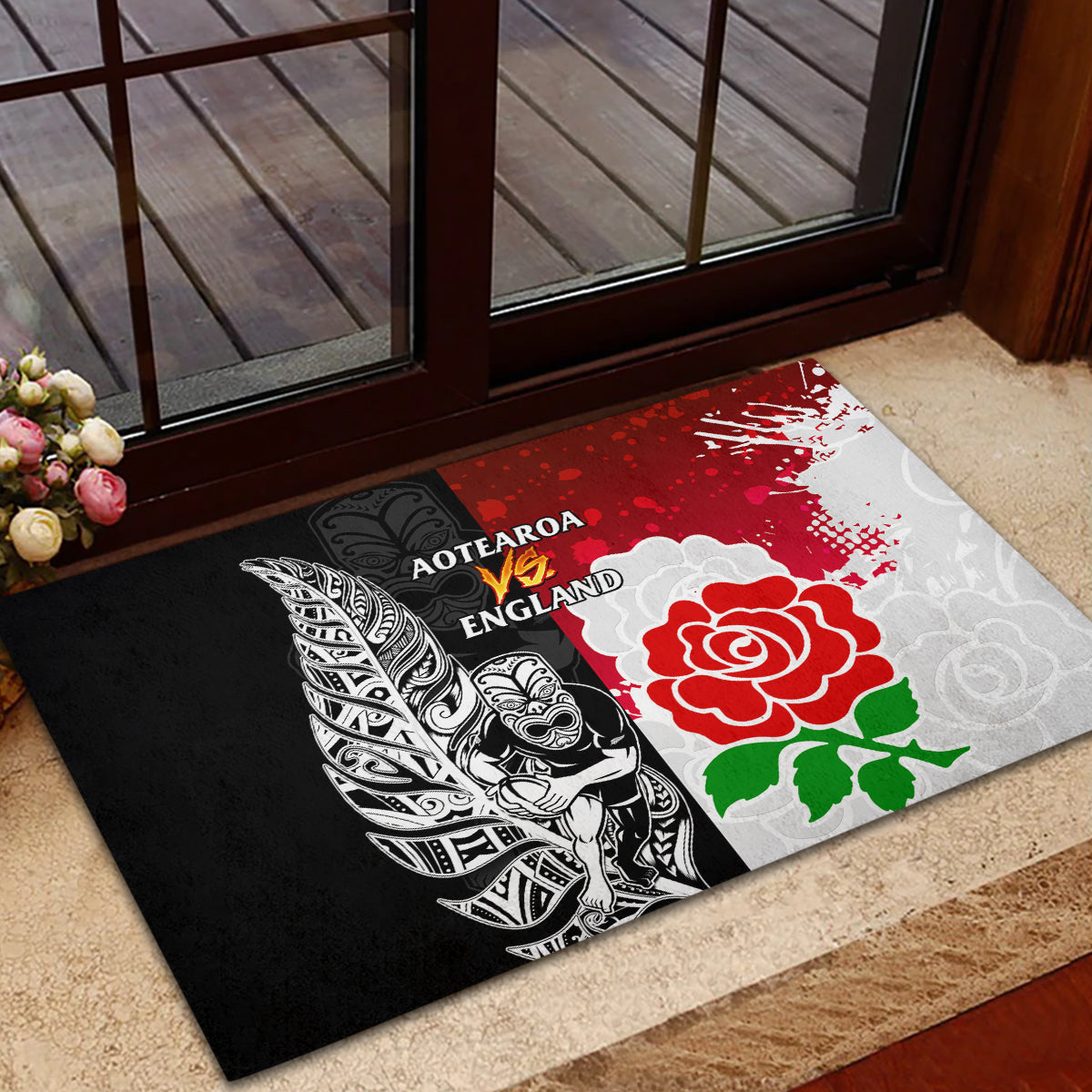 New Zealand And England Rugby Rubber Doormat 2023 World Cup All Black Combine Red Roses - Wonder Print Shop
