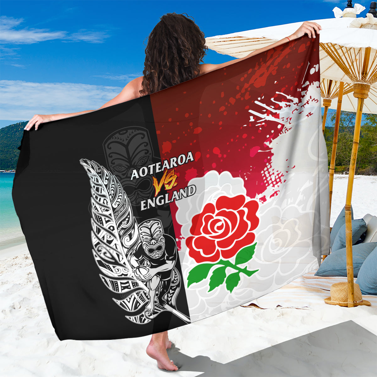 New Zealand And England Rugby Sarong 2023 World Cup All Black Combine Red Roses - Wonder Print Shop