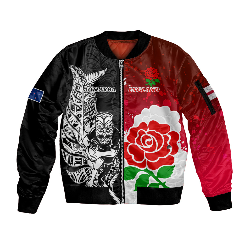 New Zealand And England Rugby Sleeve Zip Bomber Jacket 2023 World Cup All Black Combine Red Roses - Wonder Print Shop