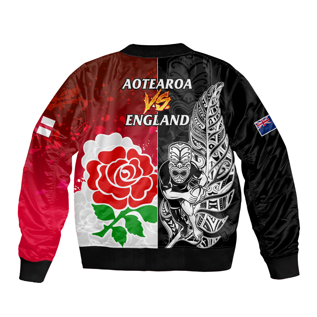 New Zealand And England Rugby Sleeve Zip Bomber Jacket 2023 World Cup All Black Combine Red Roses - Wonder Print Shop