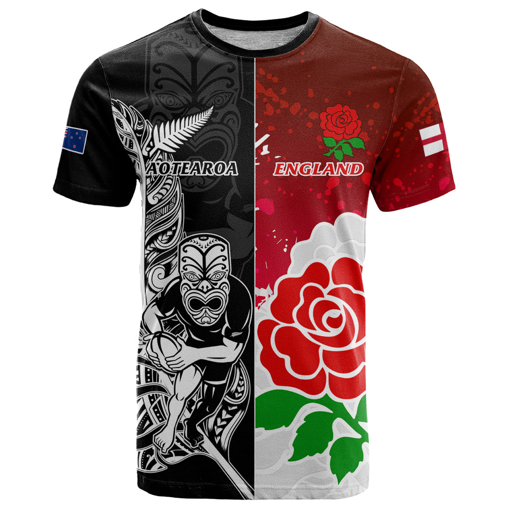 New Zealand And England Rugby T Shirt 2023 World Cup All Black Combine Red Roses - Wonder Print Shop
