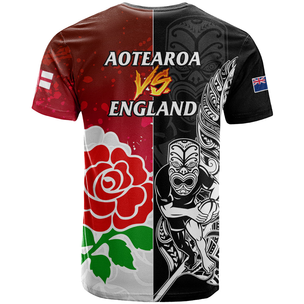 New Zealand And England Rugby T Shirt 2023 World Cup All Black Combine Red Roses - Wonder Print Shop