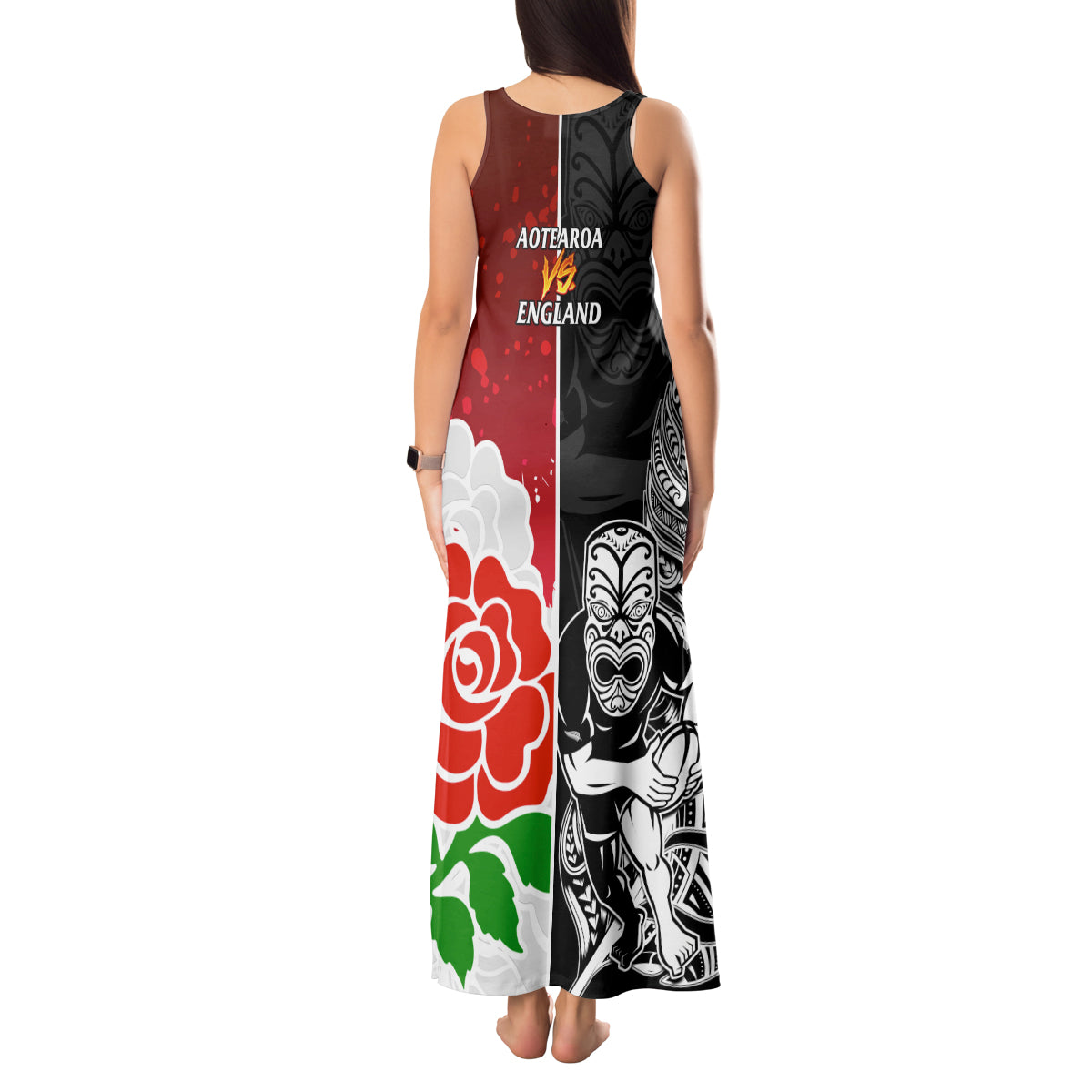 New Zealand And England Rugby Tank Maxi Dress 2023 World Cup All Black Combine Red Roses - Wonder Print Shop