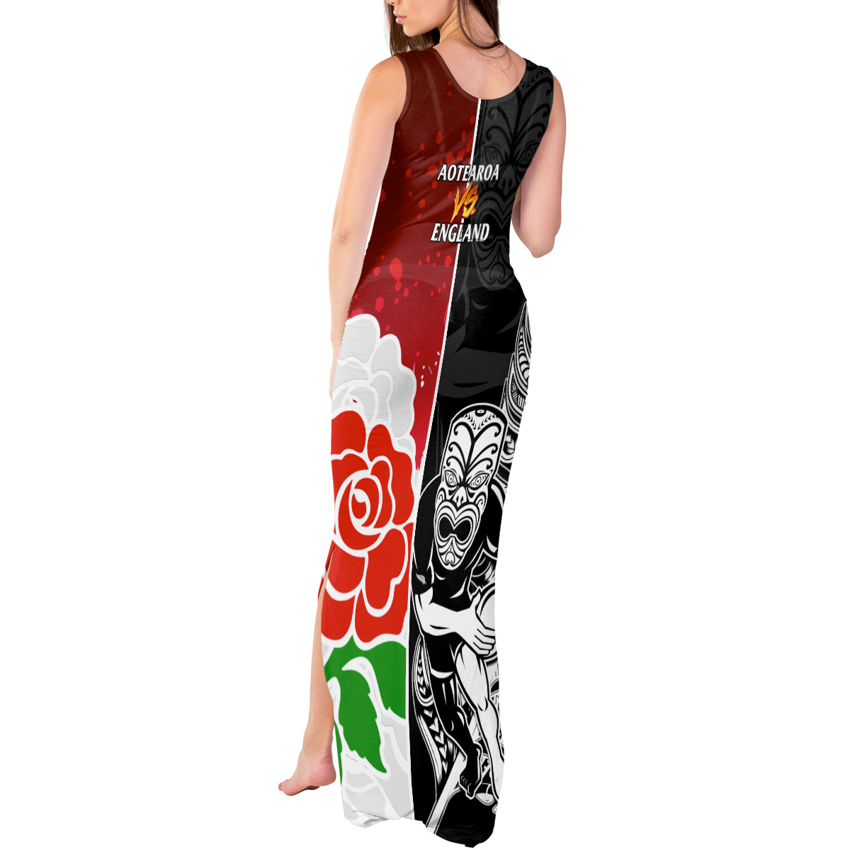 New Zealand And England Rugby Tank Maxi Dress 2023 World Cup All Black Combine Red Roses - Wonder Print Shop