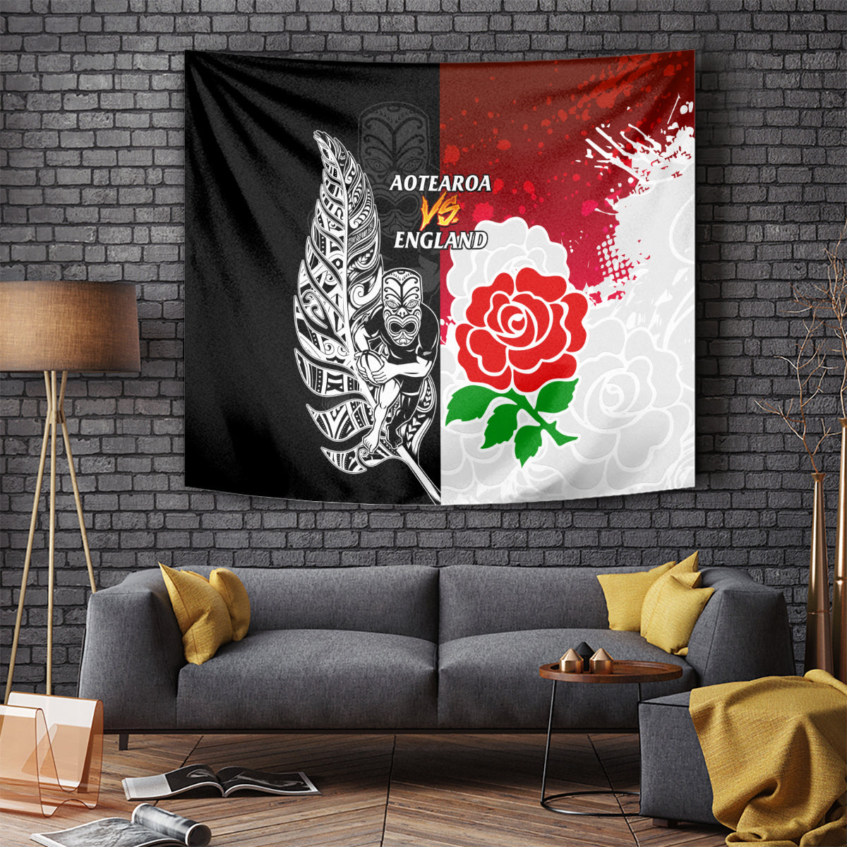 New Zealand And England Rugby Tapestry 2023 World Cup All Black Combine Red Roses - Wonder Print Shop
