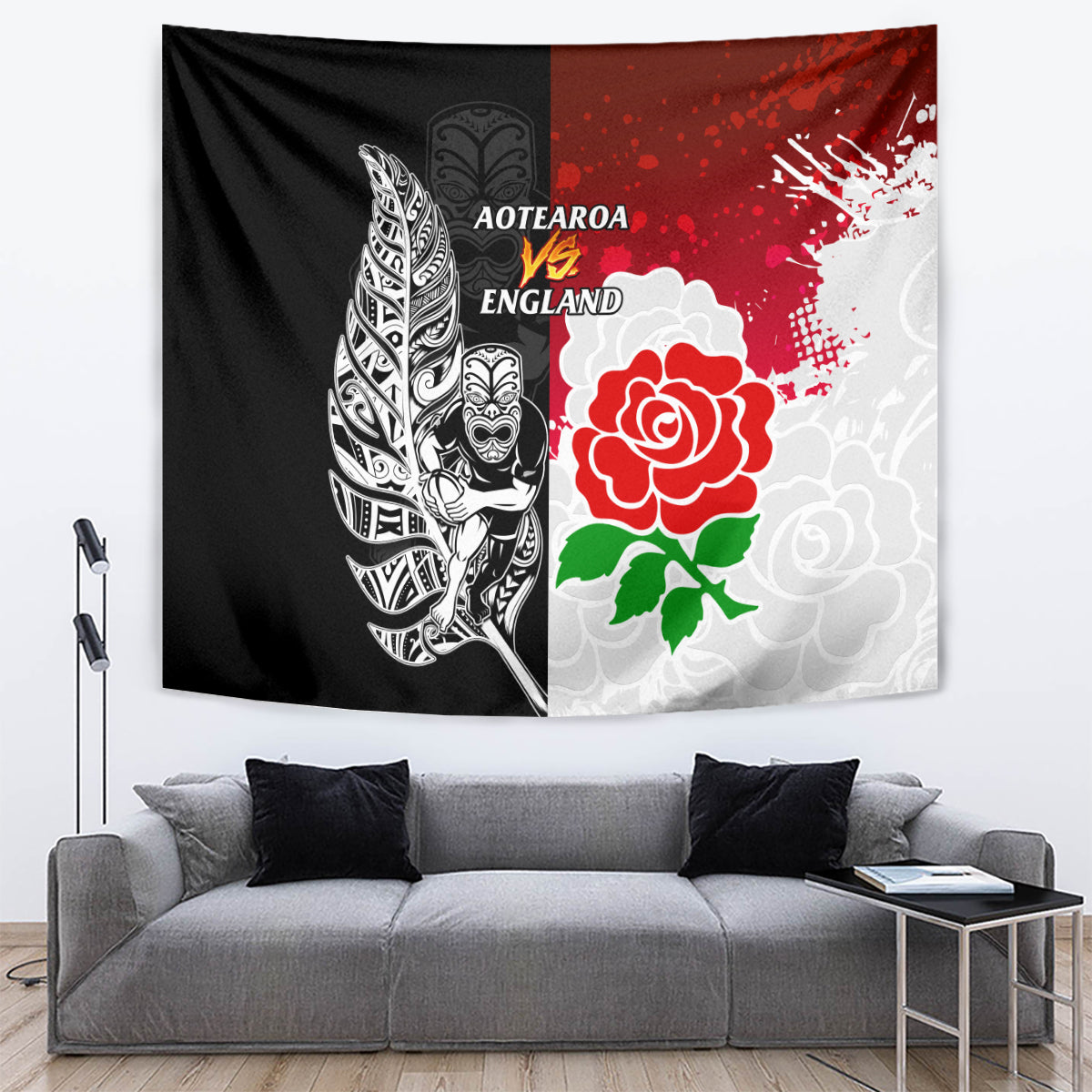New Zealand And England Rugby Tapestry 2023 World Cup All Black Combine Red Roses - Wonder Print Shop