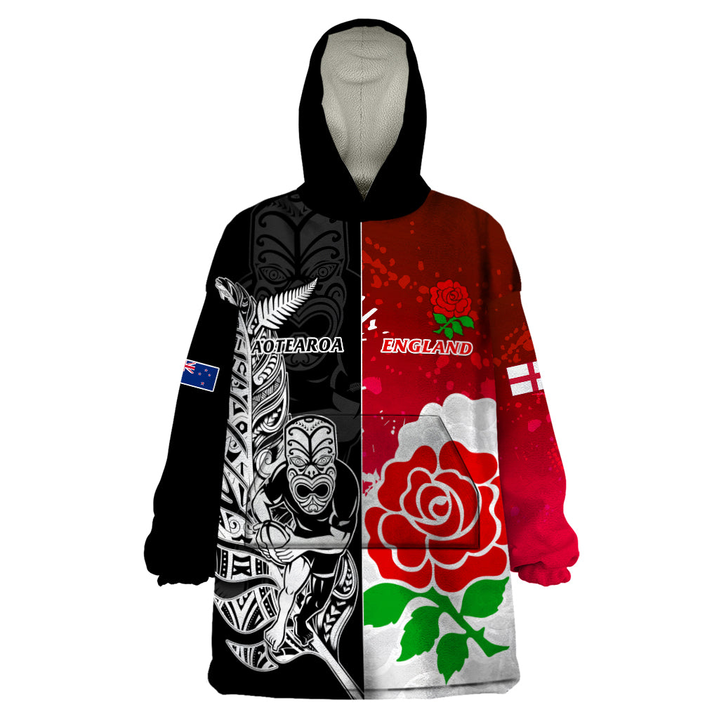 New Zealand And England Rugby Wearable Blanket Hoodie 2023 World Cup All Black Combine Red Roses - Wonder Print Shop