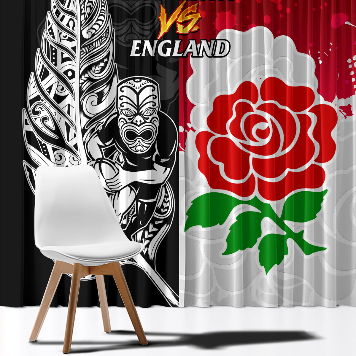 New Zealand And England Rugby Window Curtain 2023 World Cup All Black Combine Red Roses - Wonder Print Shop