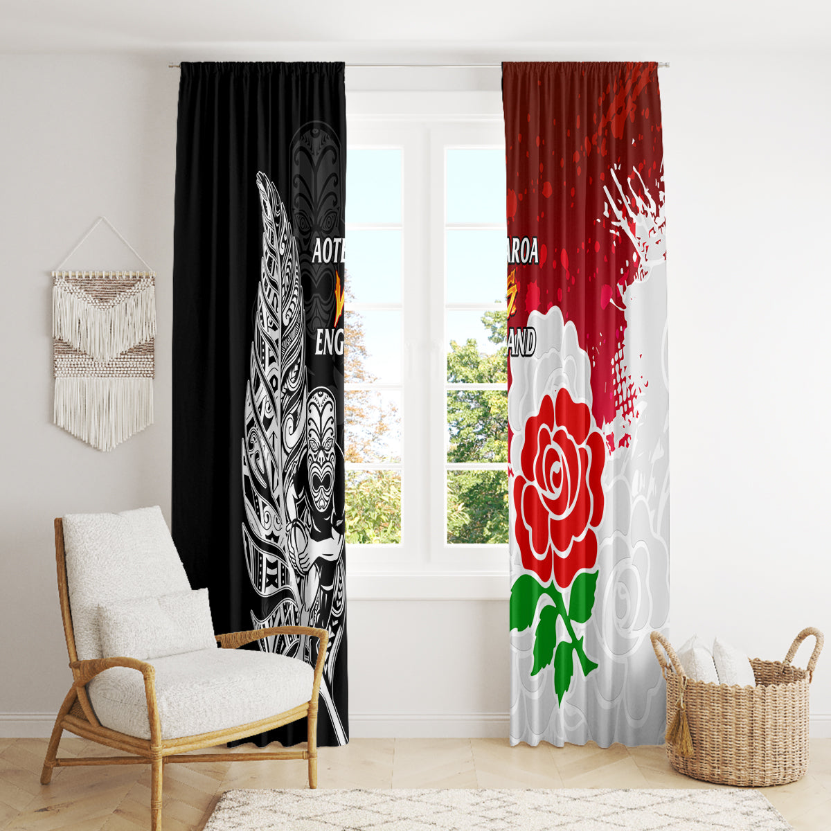 New Zealand And England Rugby Window Curtain 2023 World Cup All Black Combine Red Roses - Wonder Print Shop
