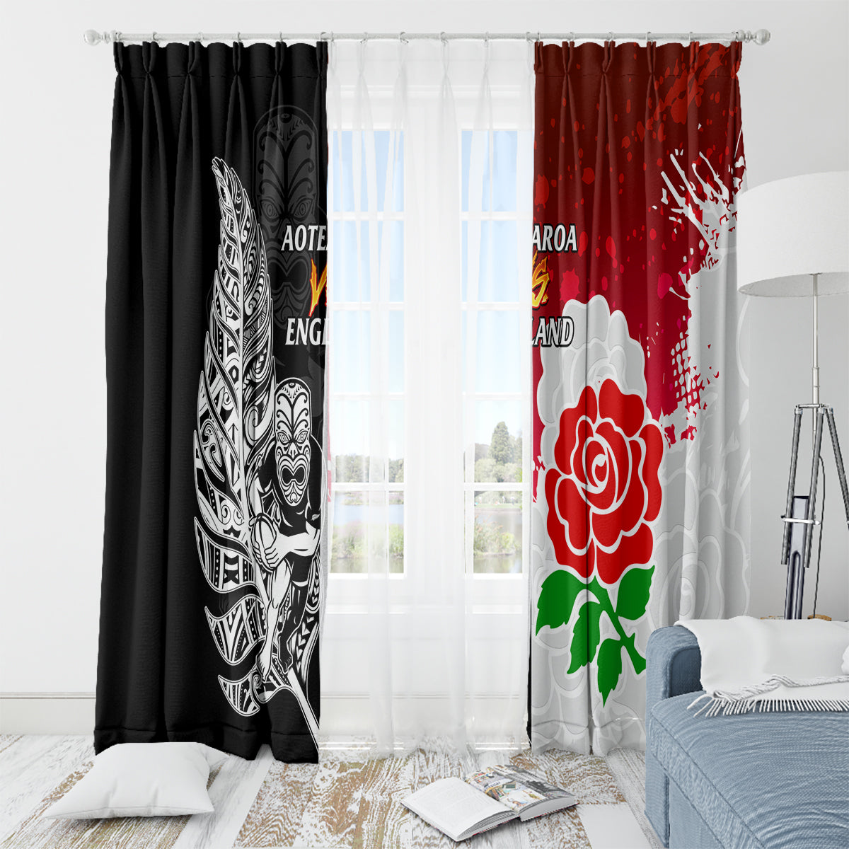 New Zealand And England Rugby Window Curtain 2023 World Cup All Black Combine Red Roses - Wonder Print Shop
