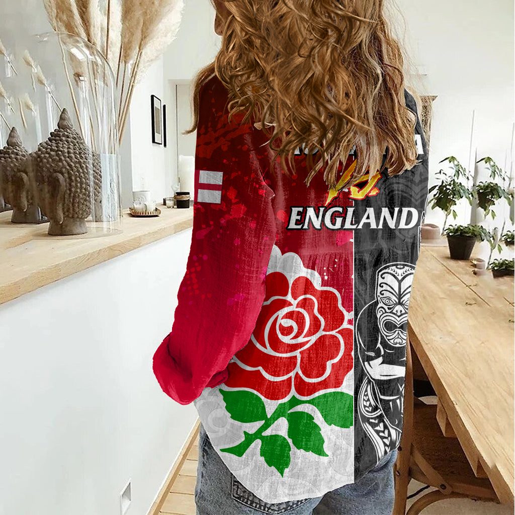 New Zealand And England Rugby Women Casual Shirt 2023 World Cup All Black Combine Red Roses - Wonder Print Shop