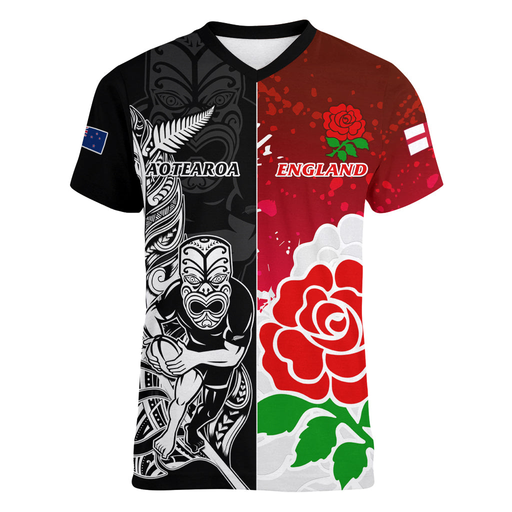 New Zealand And England Rugby Women V Neck T Shirt 2023 World Cup All Black Combine Red Roses - Wonder Print Shop