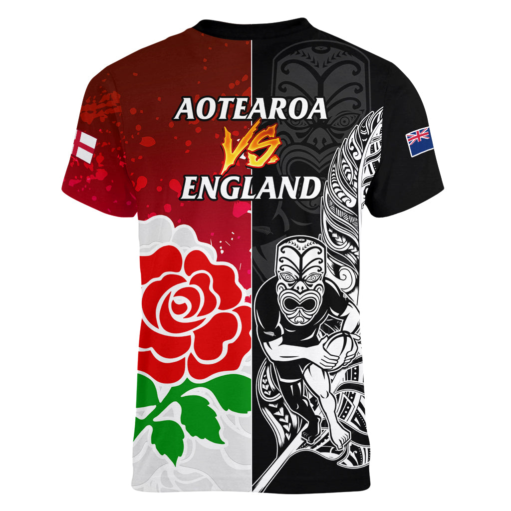 New Zealand And England Rugby Women V Neck T Shirt 2023 World Cup All Black Combine Red Roses - Wonder Print Shop