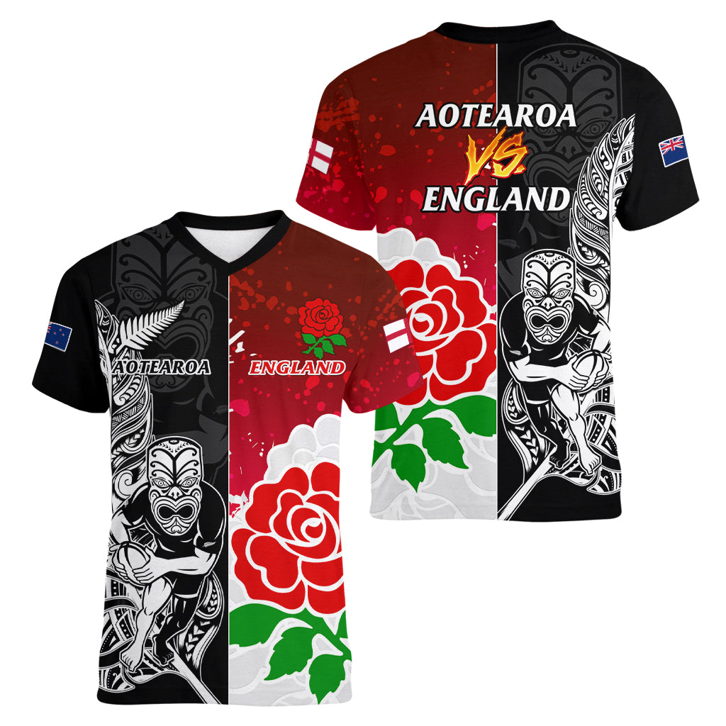 New Zealand And England Rugby Women V Neck T Shirt 2023 World Cup All Black Combine Red Roses - Wonder Print Shop