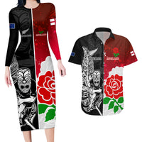 Custom New Zealand And England Rugby Couples Matching Long Sleeve Bodycon Dress and Hawaiian Shirt 2023 World Cup All Black Combine Red Roses - Wonder Print Shop