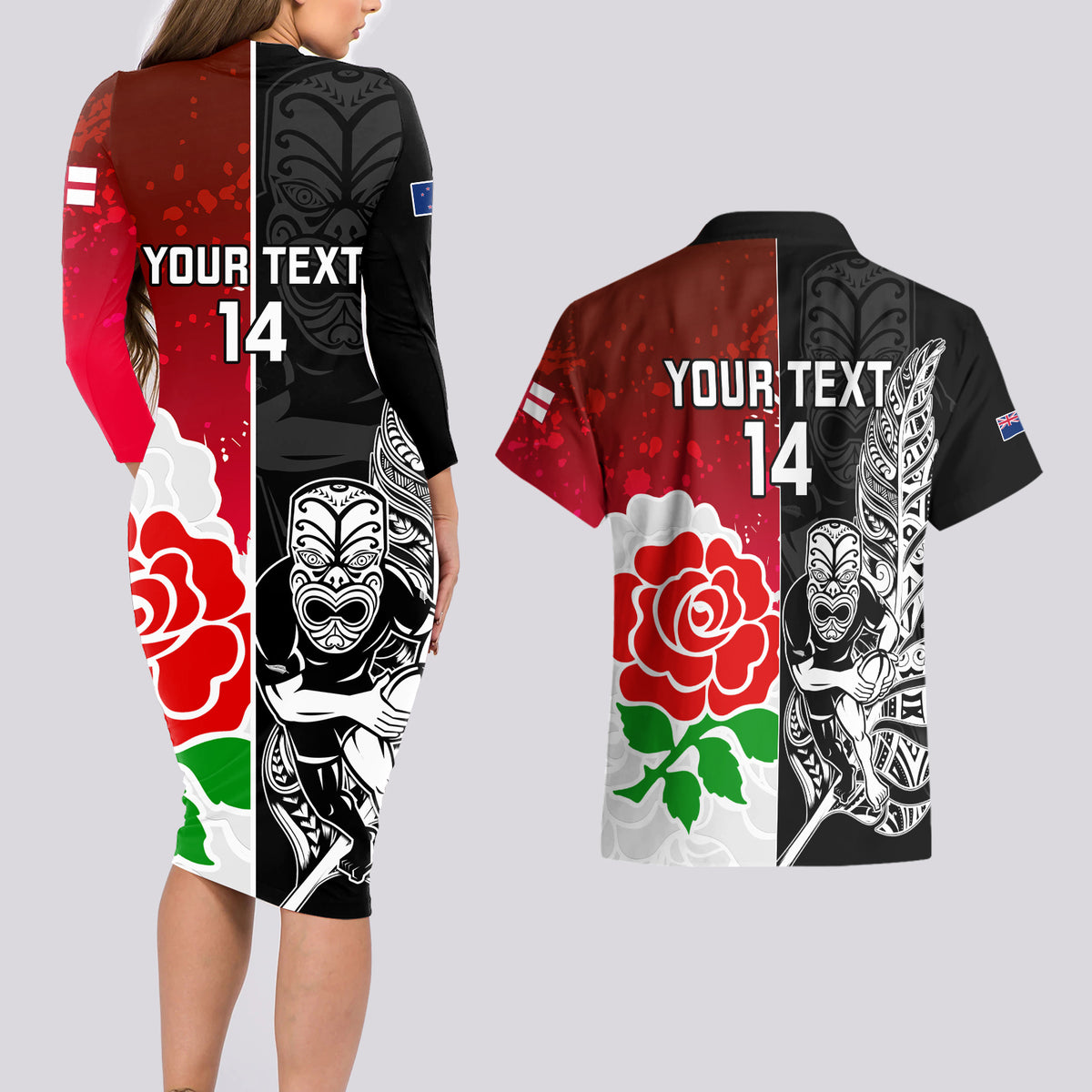 Custom New Zealand And England Rugby Couples Matching Long Sleeve Bodycon Dress and Hawaiian Shirt 2023 World Cup All Black Combine Red Roses - Wonder Print Shop