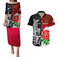 Custom New Zealand And England Rugby Couples Matching Puletasi Dress and Hawaiian Shirt 2023 World Cup All Black Combine Red Roses - Wonder Print Shop