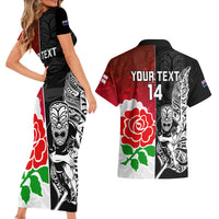 Custom New Zealand And England Rugby Couples Matching Short Sleeve Bodycon Dress and Hawaiian Shirt 2023 World Cup All Black Combine Red Roses - Wonder Print Shop