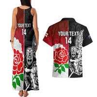 Custom New Zealand And England Rugby Couples Matching Tank Maxi Dress and Hawaiian Shirt 2023 World Cup All Black Combine Red Roses - Wonder Print Shop