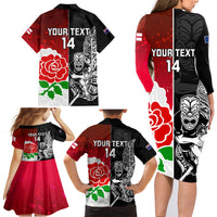 Custom New Zealand And England Rugby Family Matching Long Sleeve Bodycon Dress and Hawaiian Shirt 2023 World Cup All Black Combine Red Roses - Wonder Print Shop