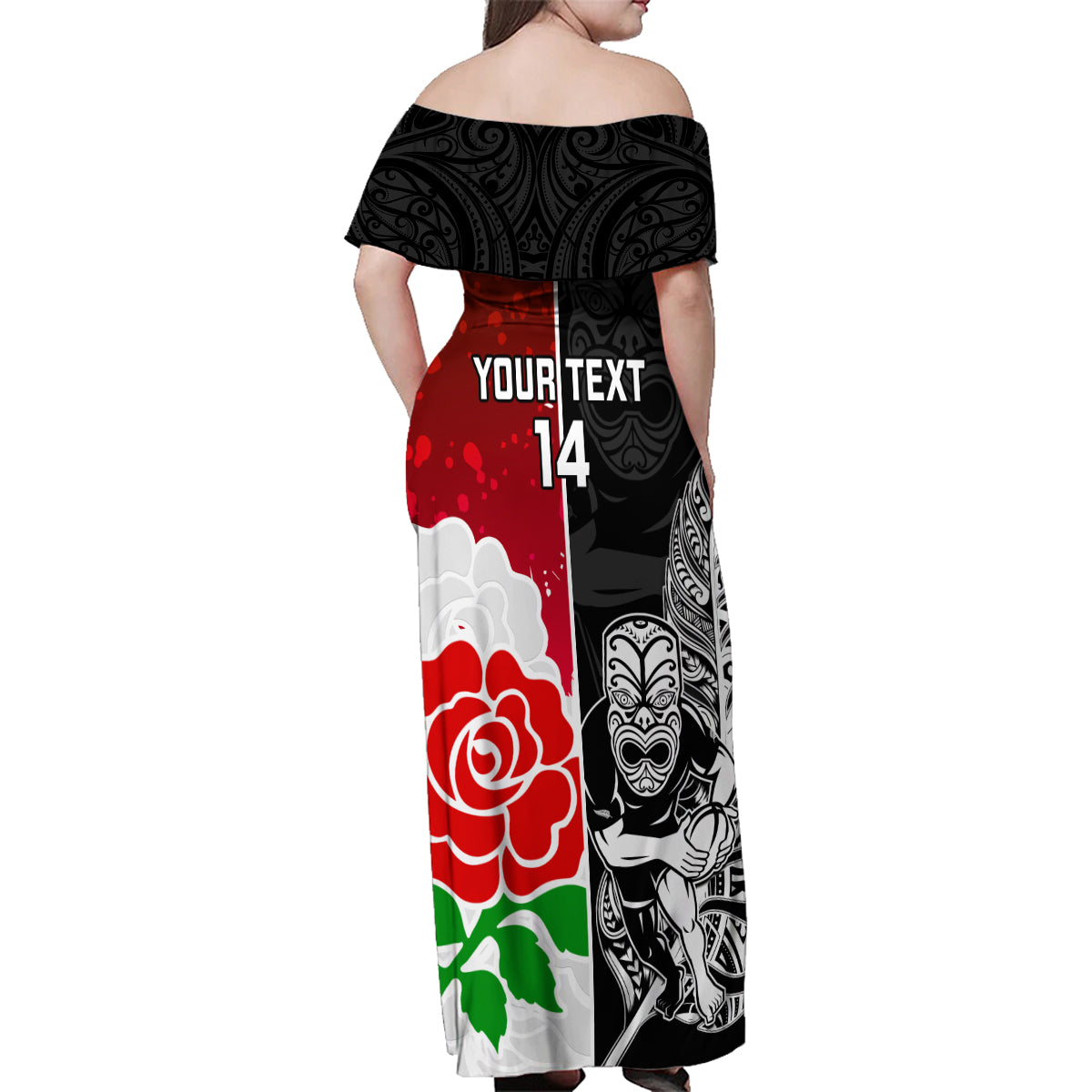 Custom New Zealand And England Rugby Family Matching Off Shoulder Maxi Dress and Hawaiian Shirt 2023 World Cup All Black Combine Red Roses - Wonder Print Shop