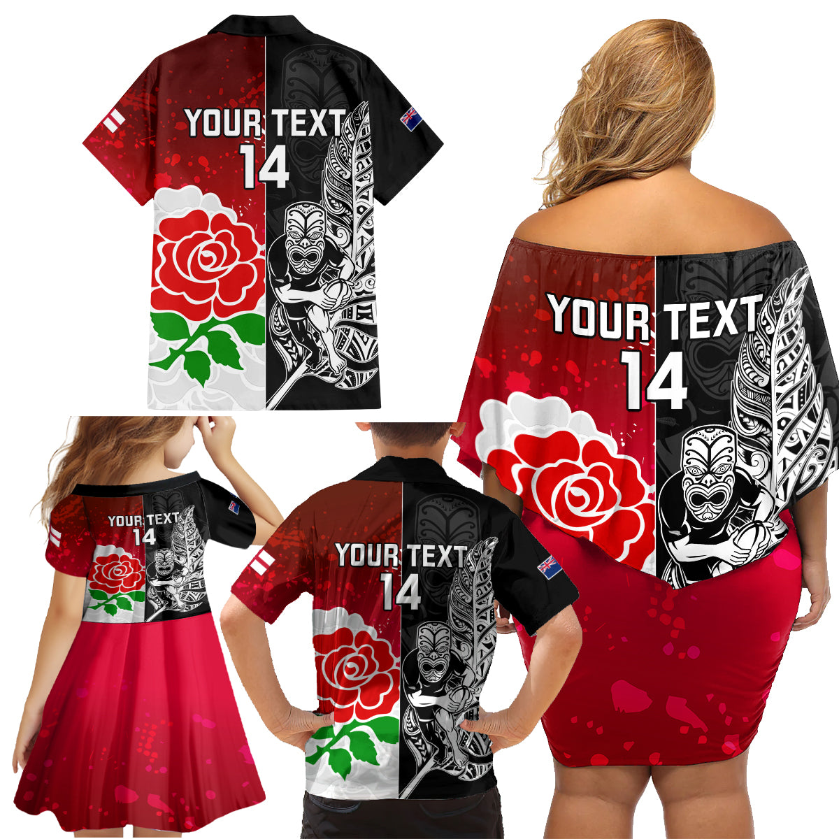 Custom New Zealand And England Rugby Family Matching Off Shoulder Short Dress and Hawaiian Shirt 2023 World Cup All Black Combine Red Roses - Wonder Print Shop