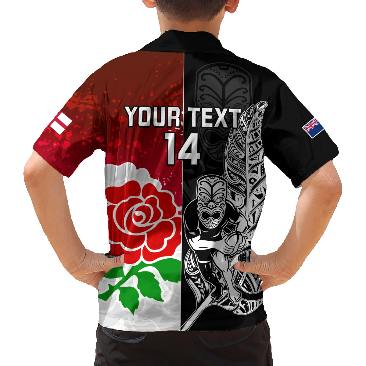 Custom New Zealand And England Rugby Family Matching Puletasi Dress and Hawaiian Shirt 2023 World Cup All Black Combine Red Roses - Wonder Print Shop