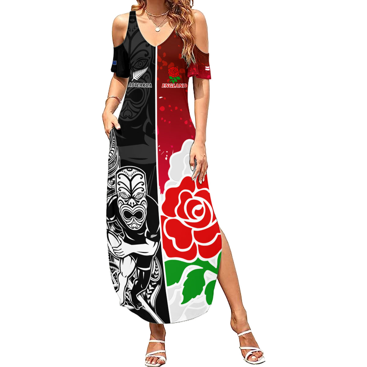 Custom New Zealand And England Rugby Family Matching Summer Maxi Dress and Hawaiian Shirt 2023 World Cup All Black Combine Red Roses - Wonder Print Shop